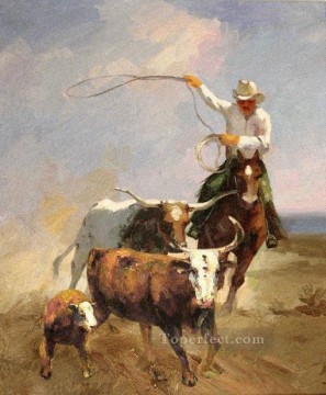  original Pintura al %C3%B3leo - los cowheards y 3 ganados western original